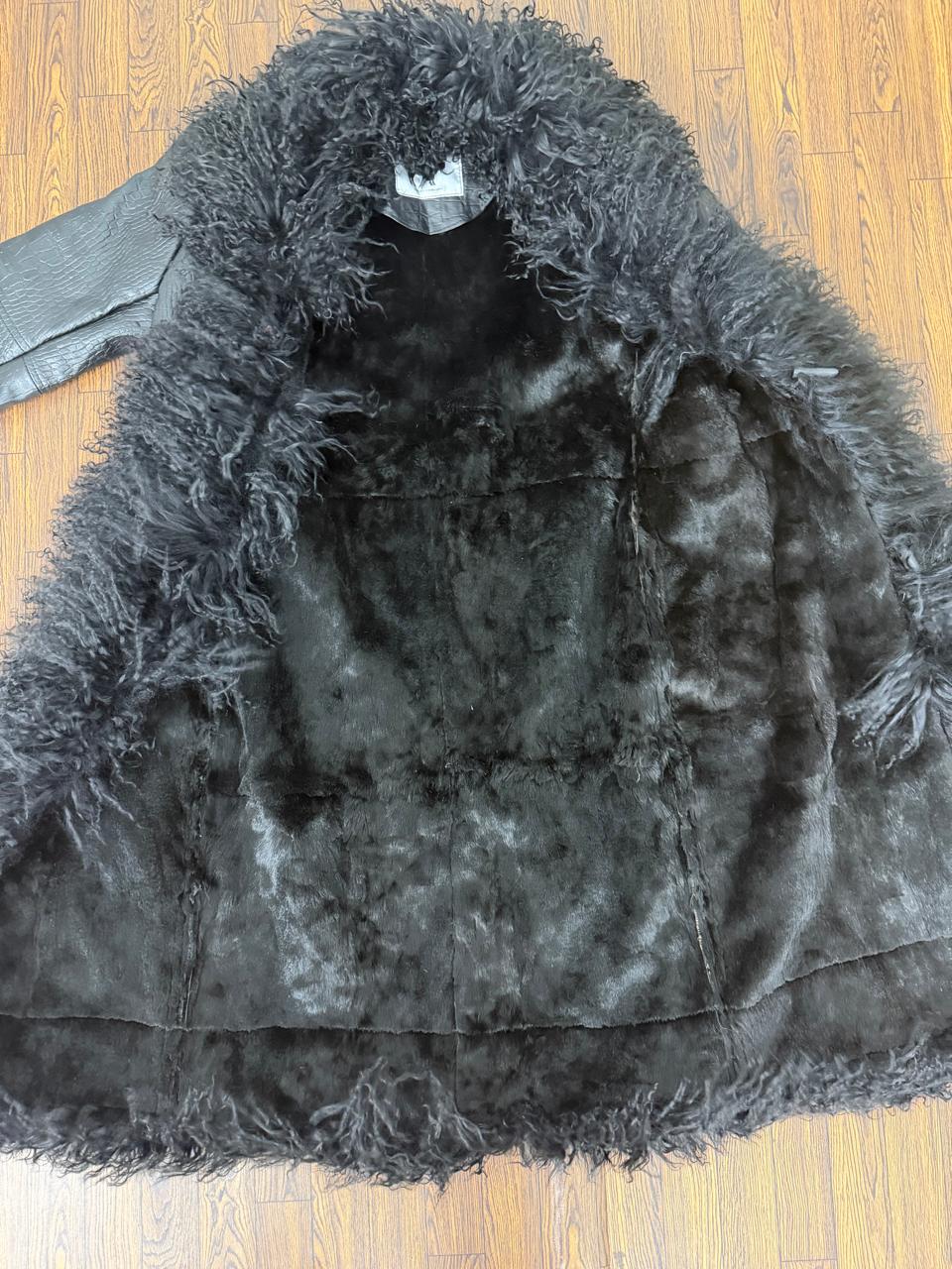 Women's Croc Embossed Black Leather Penny Lane Coat with Mongolian Fur
