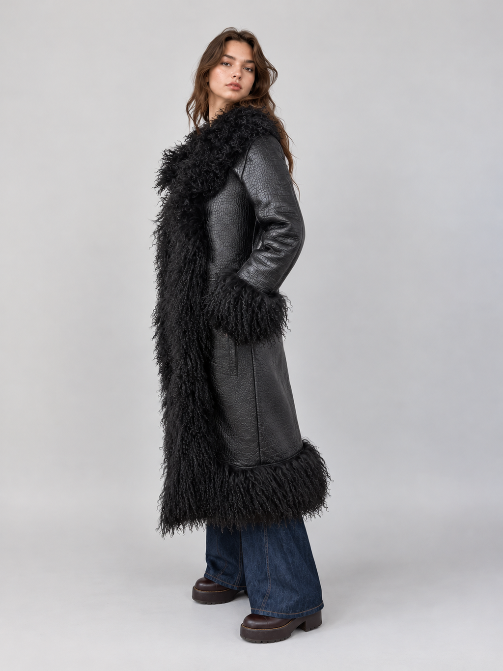 Women's Croc Embossed Black Leather Penny Lane Coat with Mongolian Fur