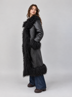 Women's Croc Embossed Black Leather Penny Lane Coat with Mongolian Fur