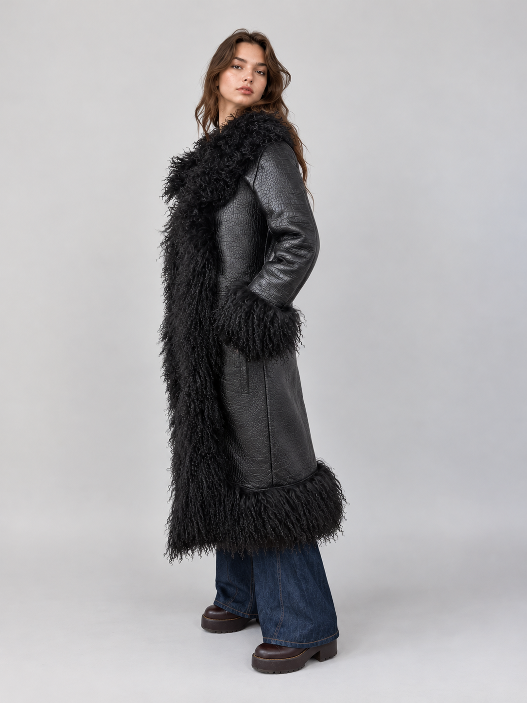 Women's Croc Embossed Black Leather Penny Lane Coat with Mongolian Fur