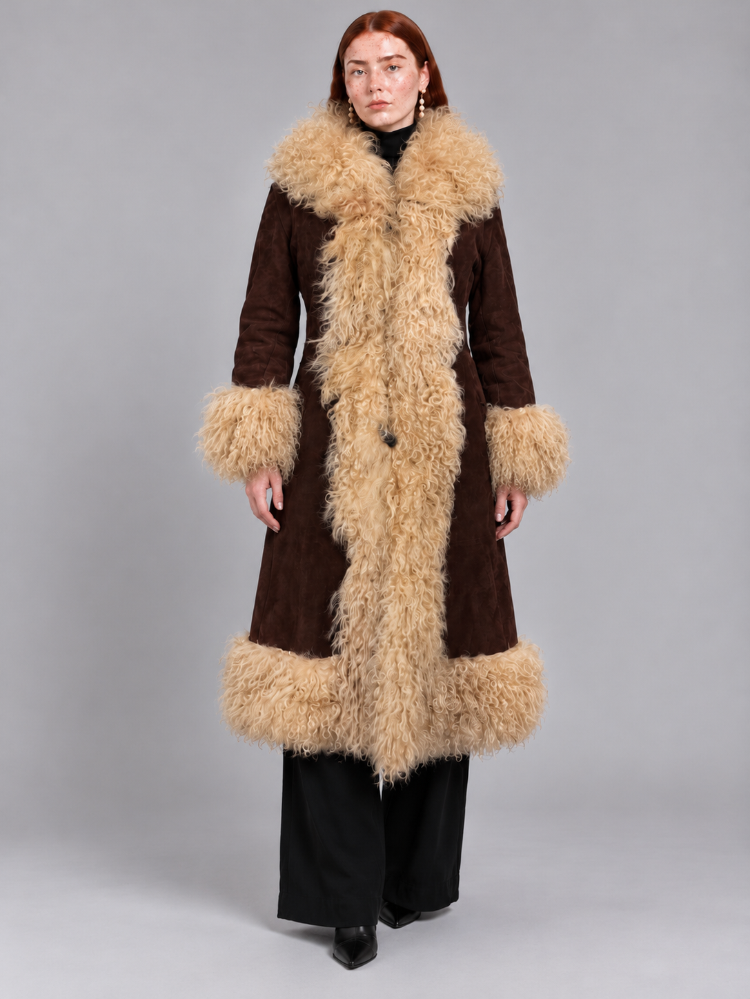 1970s Vintage Brown Penny Lane Long Coat With Cream Mongolian Fur