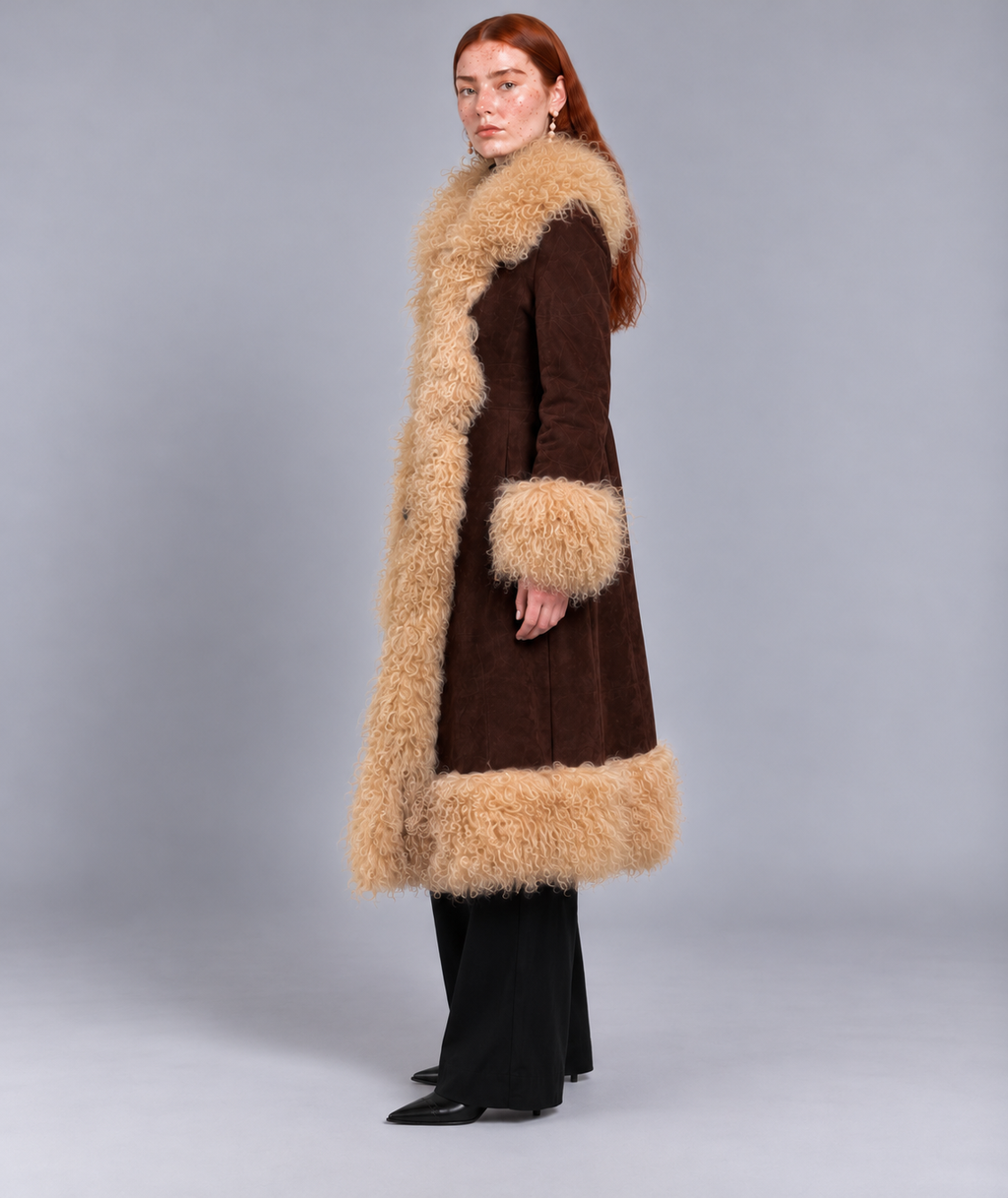 1970s Vintage Brown Penny Lane Long Coat With Cream Mongolian Fur