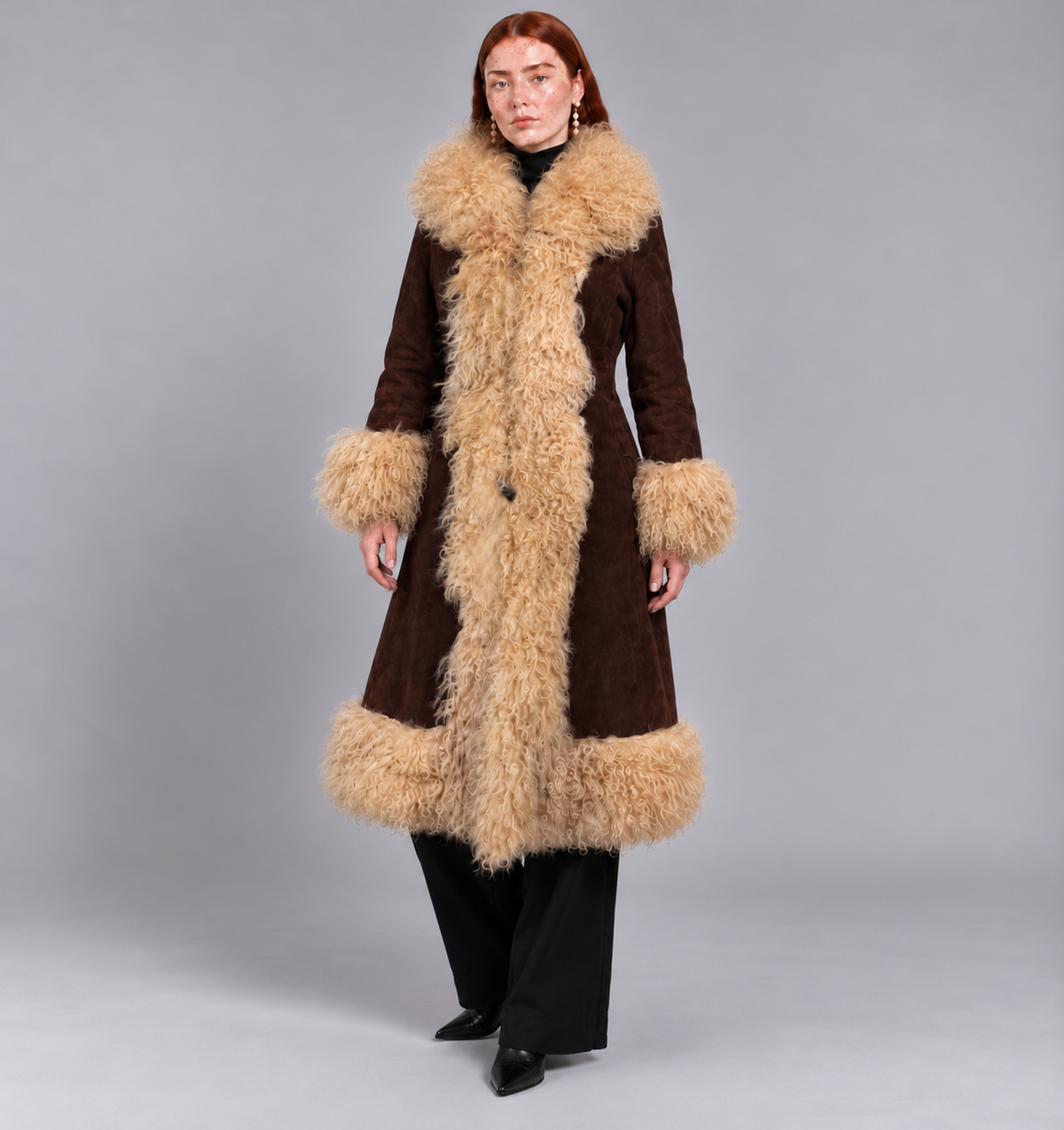 1970s Vintage Brown Penny Lane Long Coat With Cream Mongolian Fur