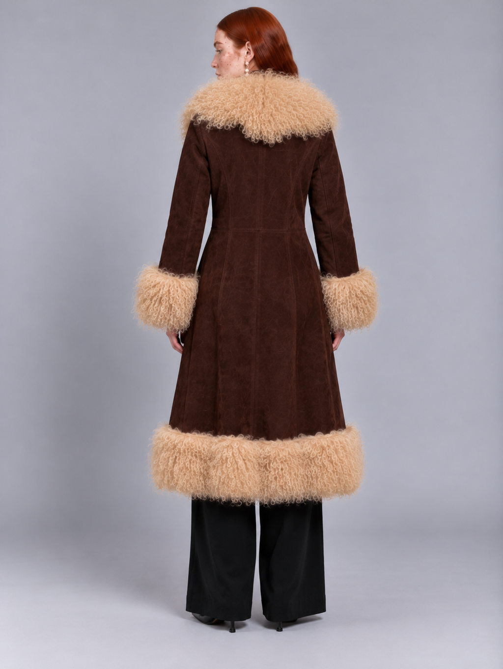 1970s Vintage Brown Penny Lane Long Coat With Cream Mongolian Fur