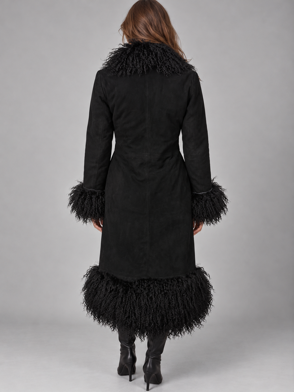 Vintage Boho Style Black Penny Lane Coat with Mongolian Shearling Trim