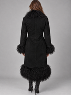 Vintage Boho Style Black Penny Lane Coat with Mongolian Shearling Trim