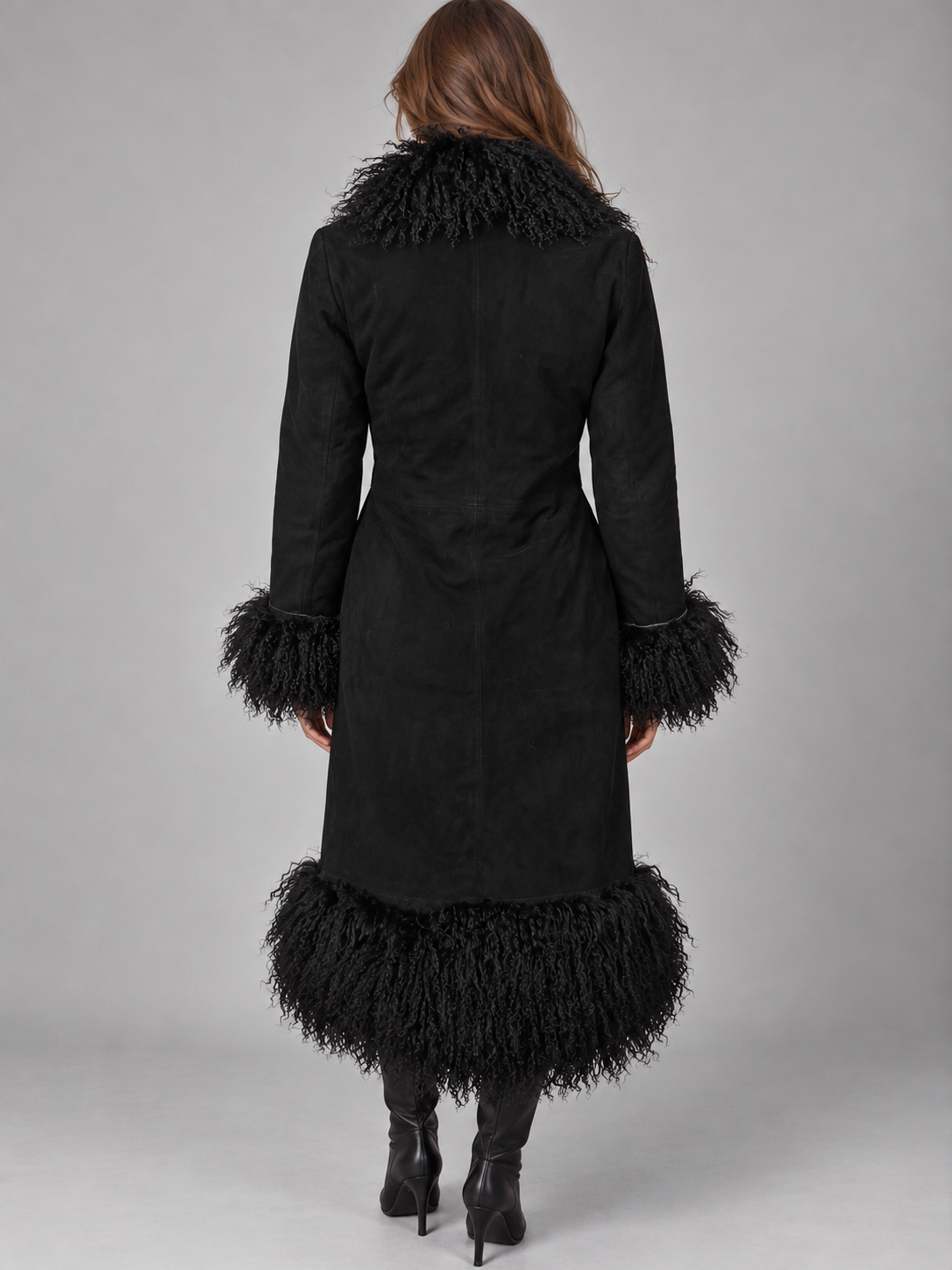 Vintage Boho Style Black Penny Lane Coat with Mongolian Shearling Trim