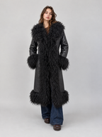 Women's Croc Embossed Black Leather Penny Lane Coat with Mongolian Fur