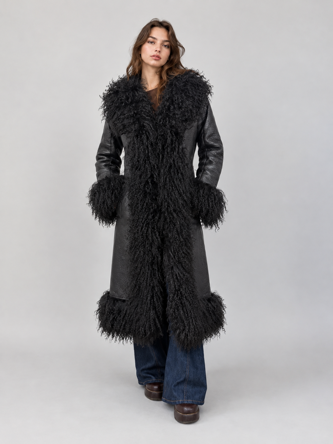 Women's Croc Embossed Black Leather Penny Lane Coat with Mongolian Fur