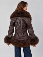 Women Brown Sheepskin Leather Penny Lane Coat With Mongolian Fur