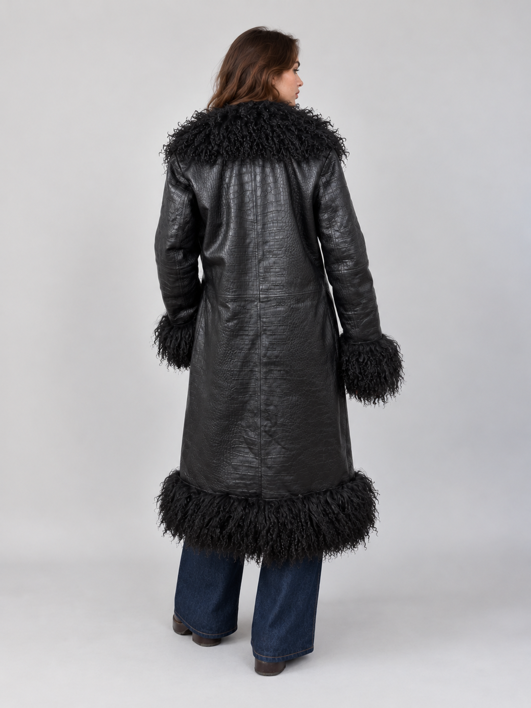 Women's Croc Embossed Black Leather Penny Lane Coat with Mongolian Fur
