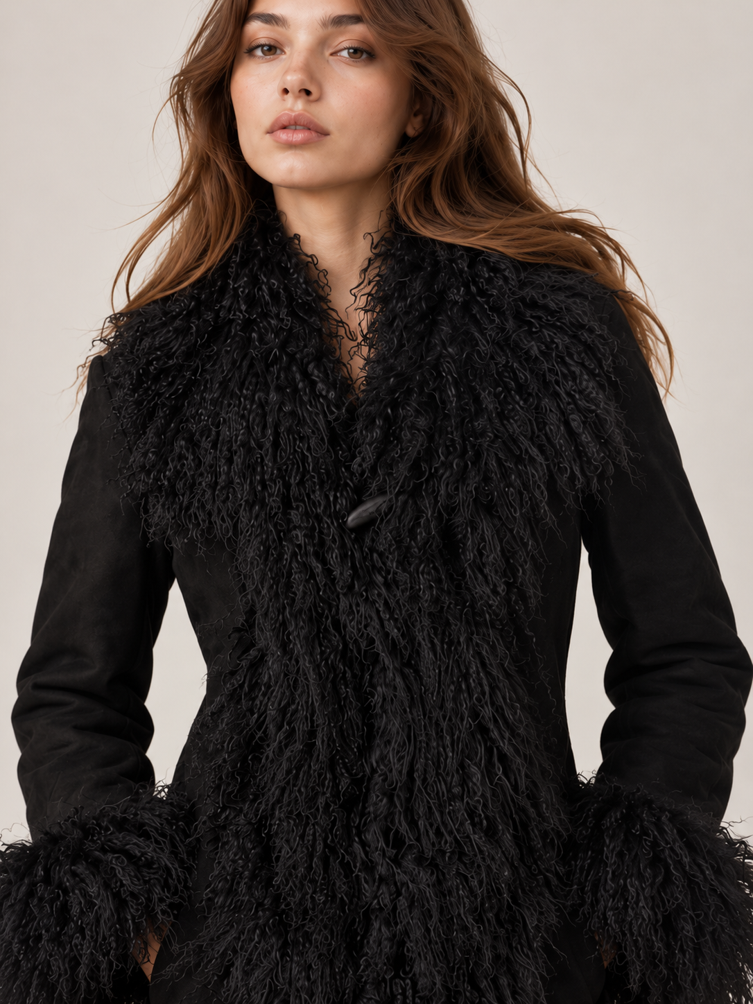 Vintage Boho Style Black Penny Lane Coat with Mongolian Shearling Trim
