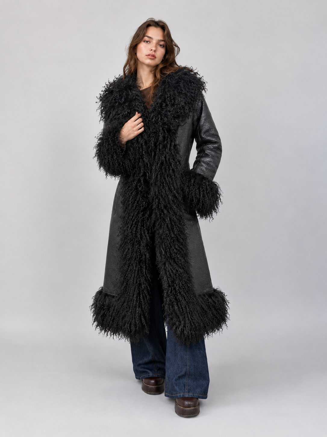 Women's Croc Embossed Black Leather Penny Lane Coat with Mongolian Fur