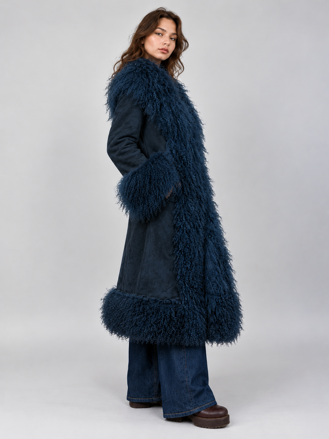 1970s Navy Blue Suede Penny Lane Coat with Mongolian Fur Trim