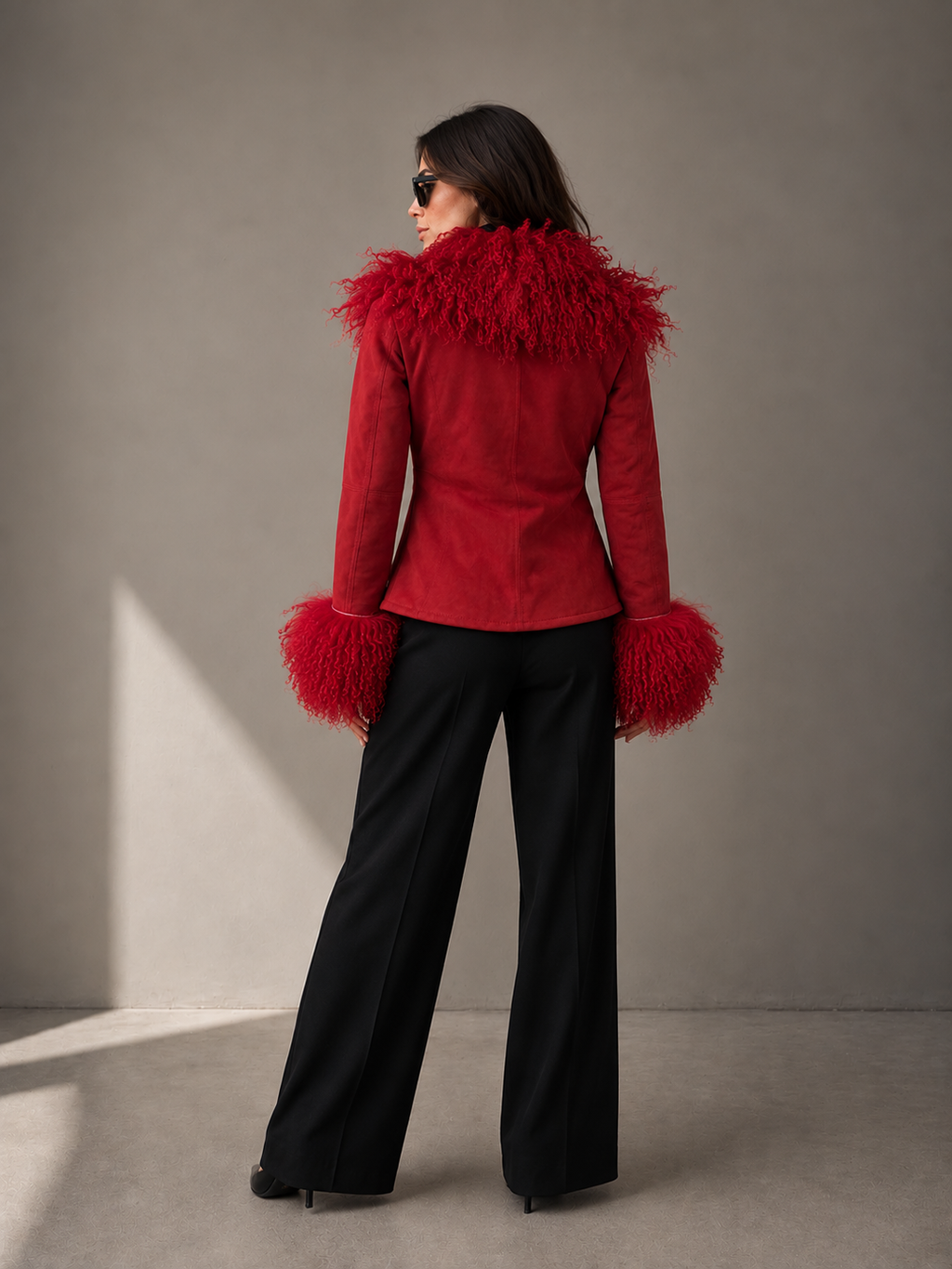 1970s Red Suede Penny Lane Jacket with Tie Front and Mongolian Fur Trim