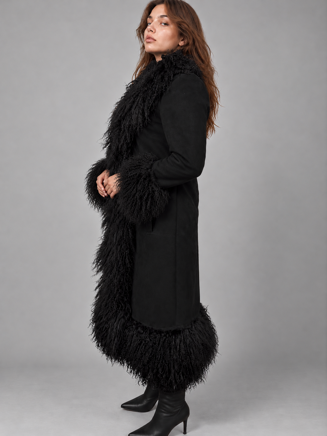 Vintage Boho Style Black Penny Lane Coat with Mongolian Shearling Trim