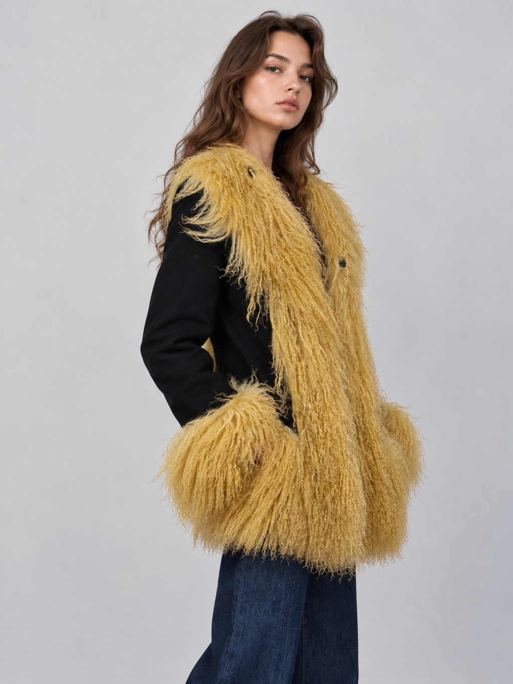 Women’s Black Suede Penny Lane Jacket with Golden Mongolian Fur Trim