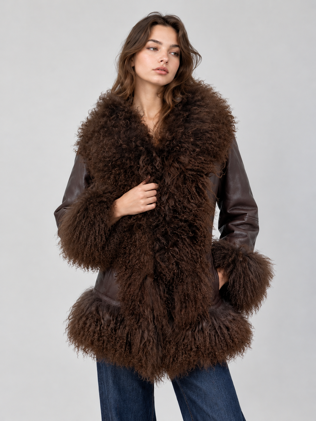 Women Brown Sheepskin Leather Penny Lane Coat With Mongolian Fur