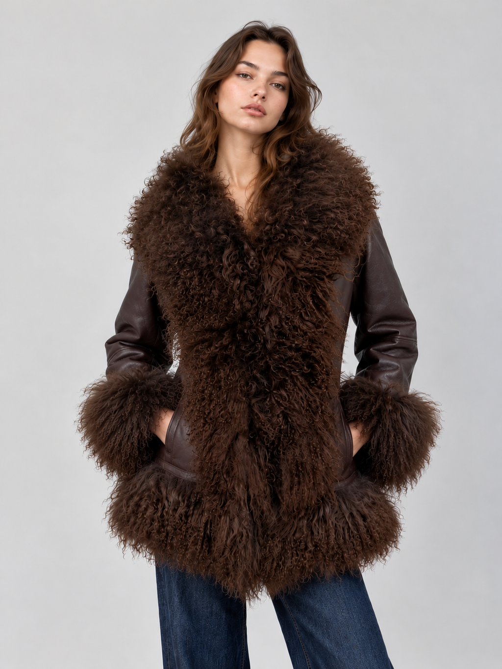 Women Brown Sheepskin Leather Penny Lane Coat With Mongolian Fur