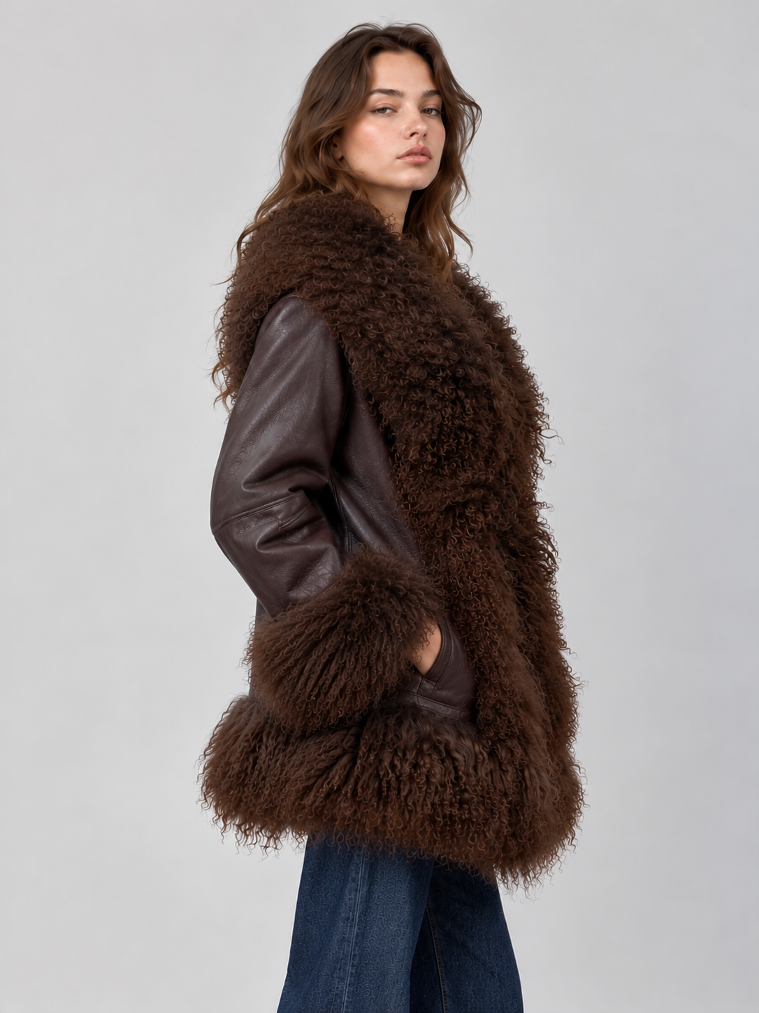 Women Brown Sheepskin Leather Penny Lane Coat With Mongolian Fur