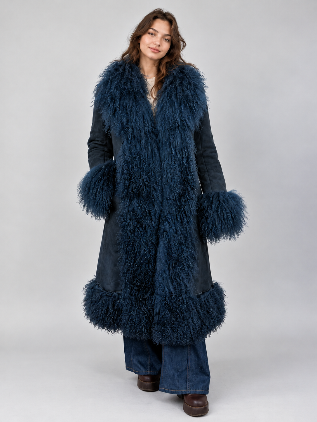 1970s Navy Blue Suede Penny Lane Coat with Mongolian Fur Trim