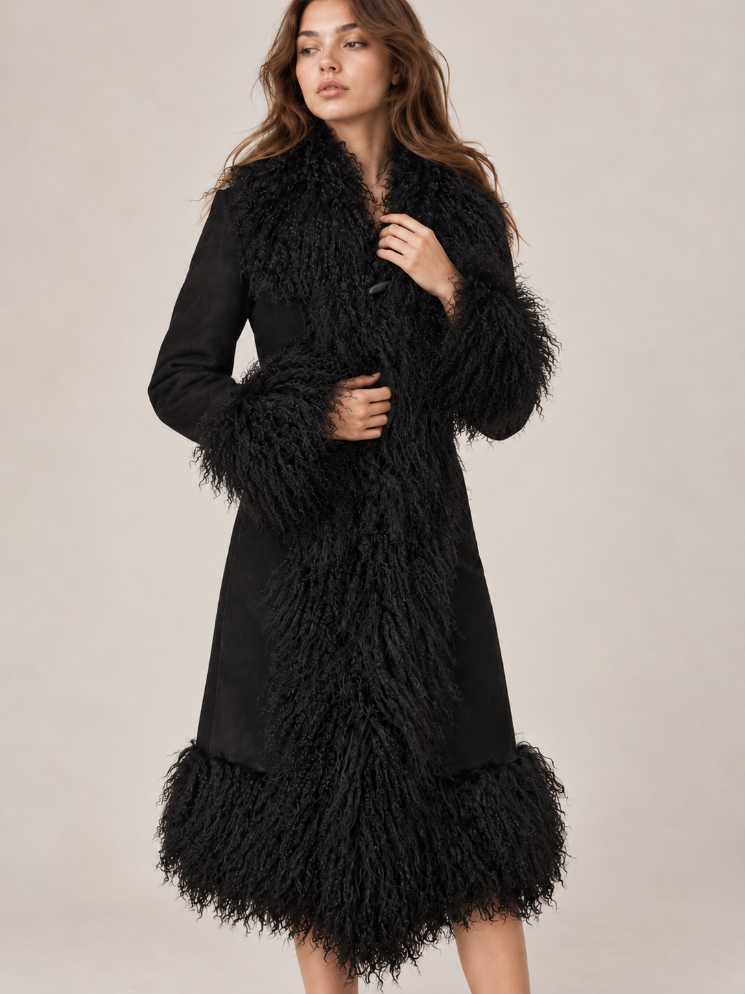 Vintage Boho Style Black Penny Lane Coat with Mongolian Shearling Trim