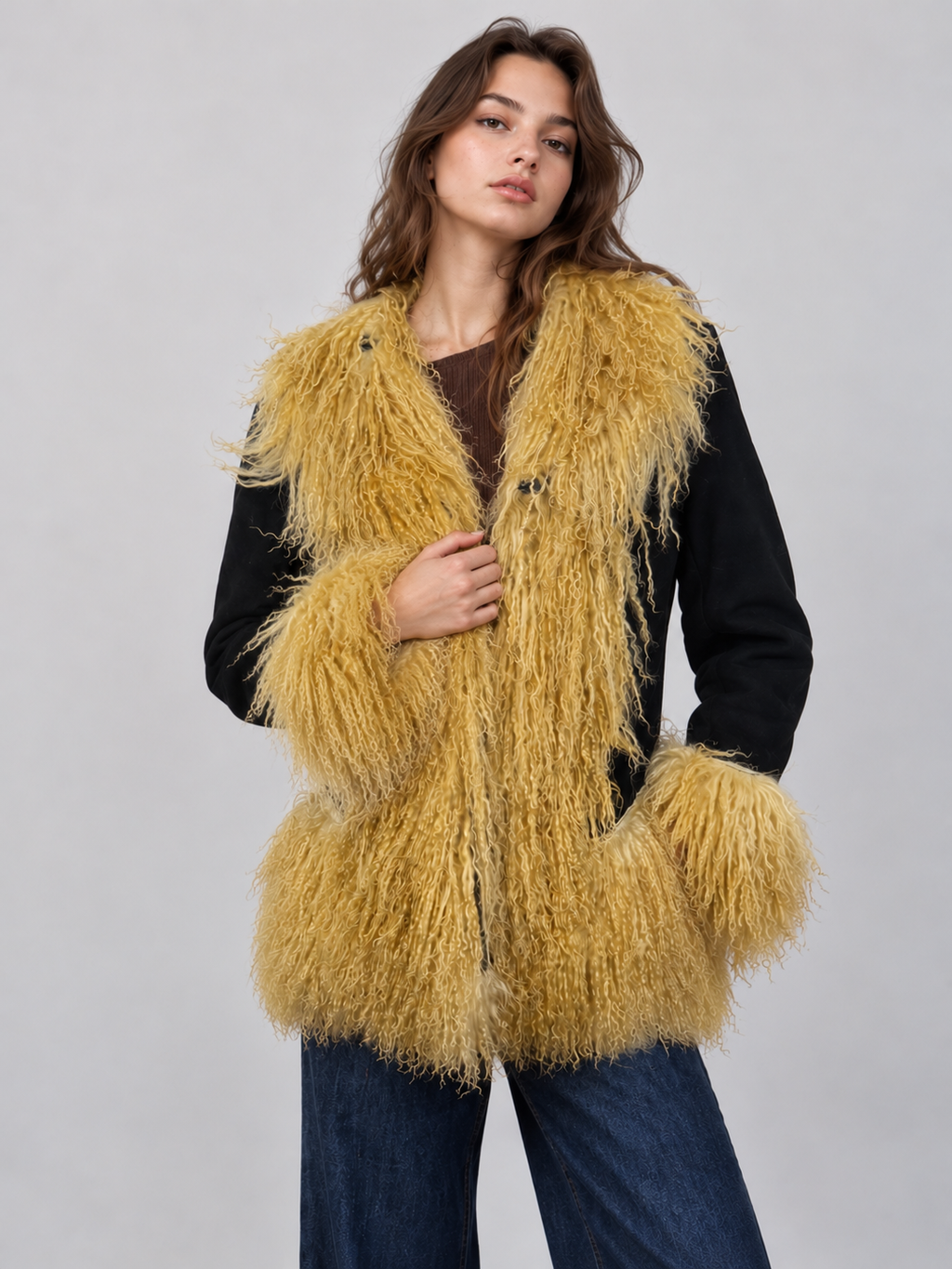 Women’s Black Suede Penny Lane Jacket with Golden Mongolian Fur Trim