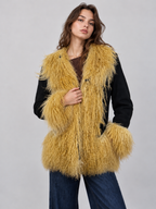 Women’s Black Suede Penny Lane Jacket with Golden Mongolian Fur Trim