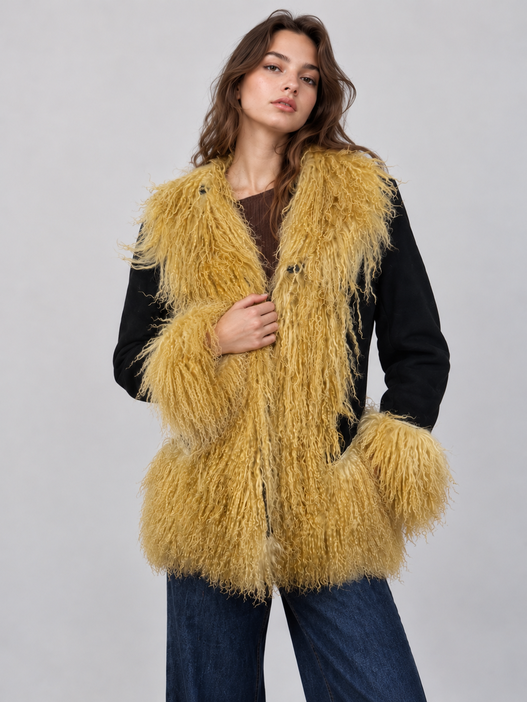 Women’s Black Suede Penny Lane Jacket with Golden Mongolian Fur Trim