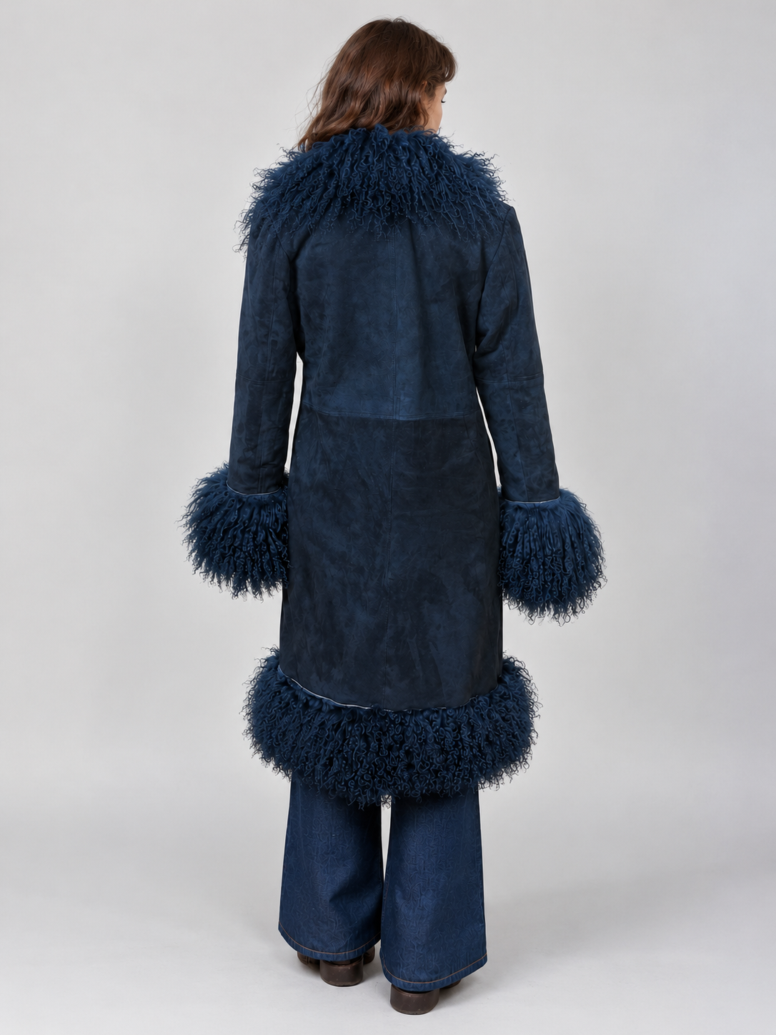 1970s Navy Blue Suede Penny Lane Coat with Mongolian Fur Trim