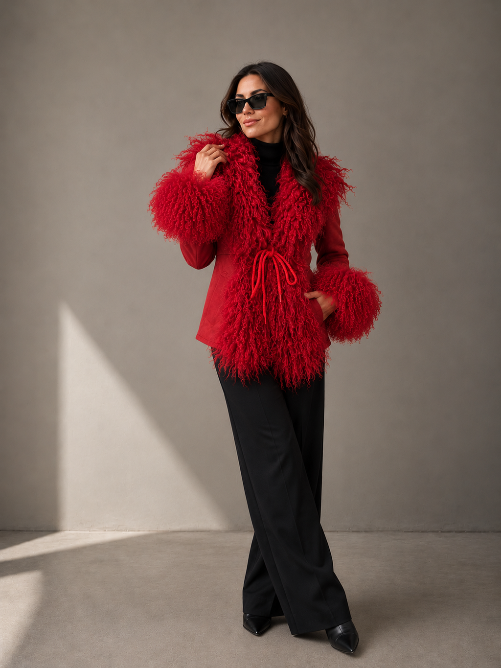 1970s Red Suede Penny Lane Jacket with Tie Front and Mongolian Fur Trim