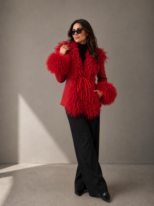 1970s Red Suede Penny Lane Jacket with Tie Front and Mongolian Fur Trim