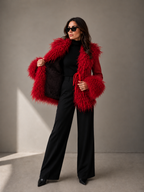 1970s Red Suede Penny Lane Jacket with Tie Front and Mongolian Fur Trim