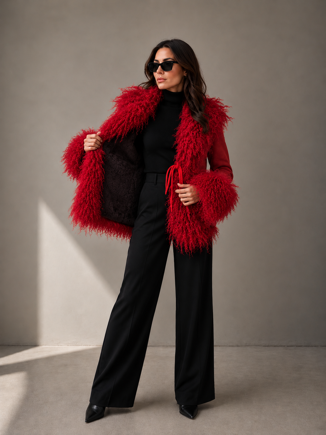 1970s Red Suede Penny Lane Jacket with Tie Front and Mongolian Fur Trim