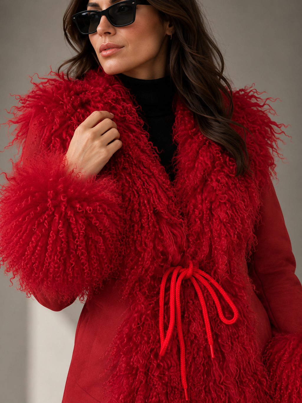 1970s Red Suede Penny Lane Jacket with Tie Front and Mongolian Fur Trim