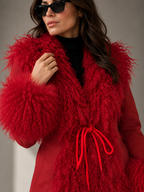 1970s Red Suede Penny Lane Jacket with Tie Front and Mongolian Fur Trim
