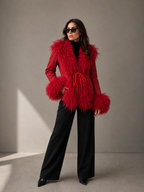 1970s Red Suede Penny Lane Jacket with Tie Front and Mongolian Fur Trim