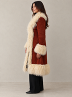 1970s Style Tan Brown Penny Lane Coat with Cream Mongolian Fur Trim