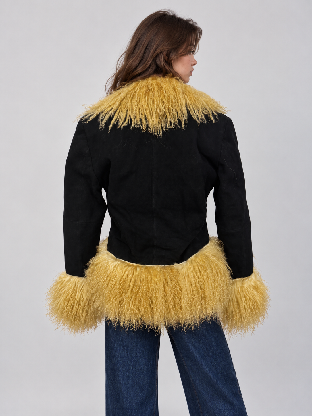 Women’s Black Suede Penny Lane Jacket with Golden Mongolian Fur Trim