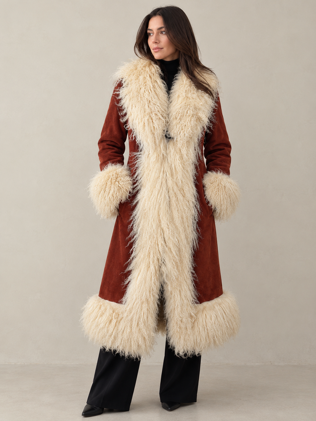 1970s Style Tan Brown Penny Lane Coat with Cream Mongolian Fur Trim