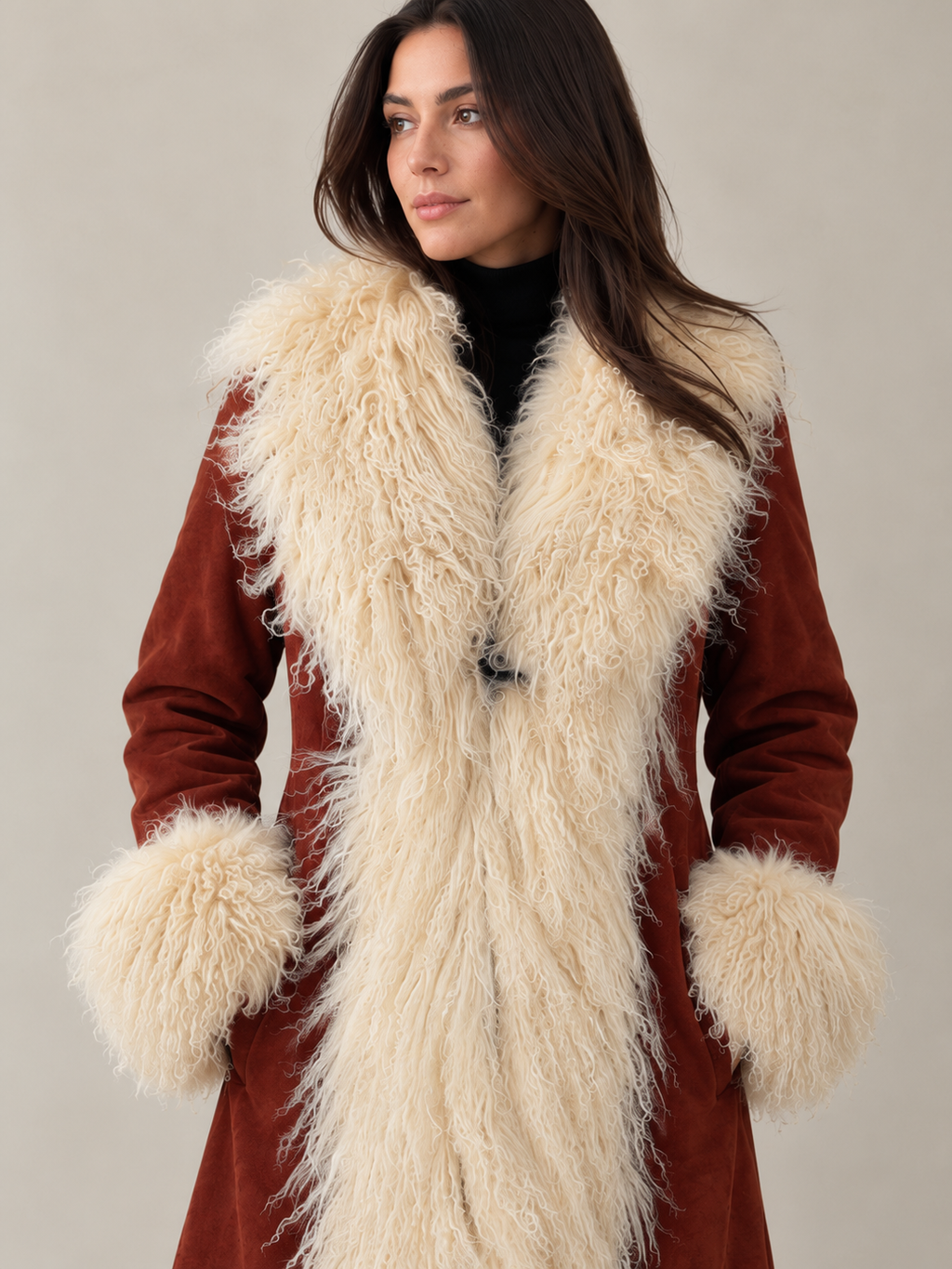 1970s Style Tan Brown Penny Lane Coat with Cream Mongolian Fur Trim