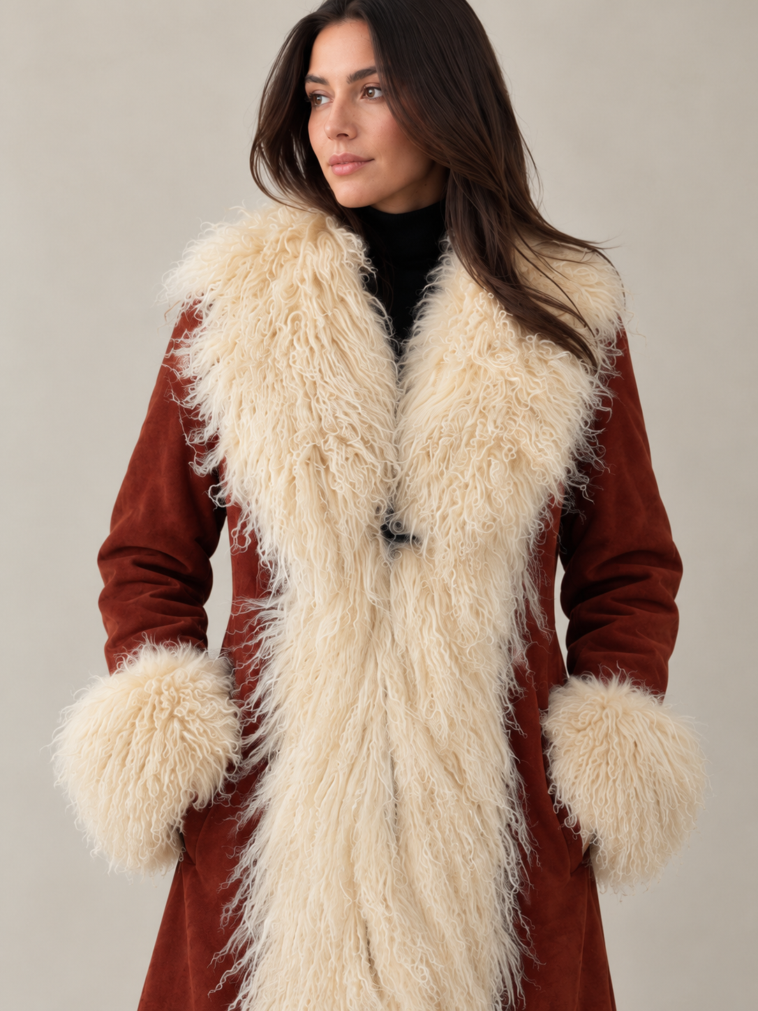 1970s Style Tan Brown Penny Lane Coat with Cream Mongolian Fur Trim