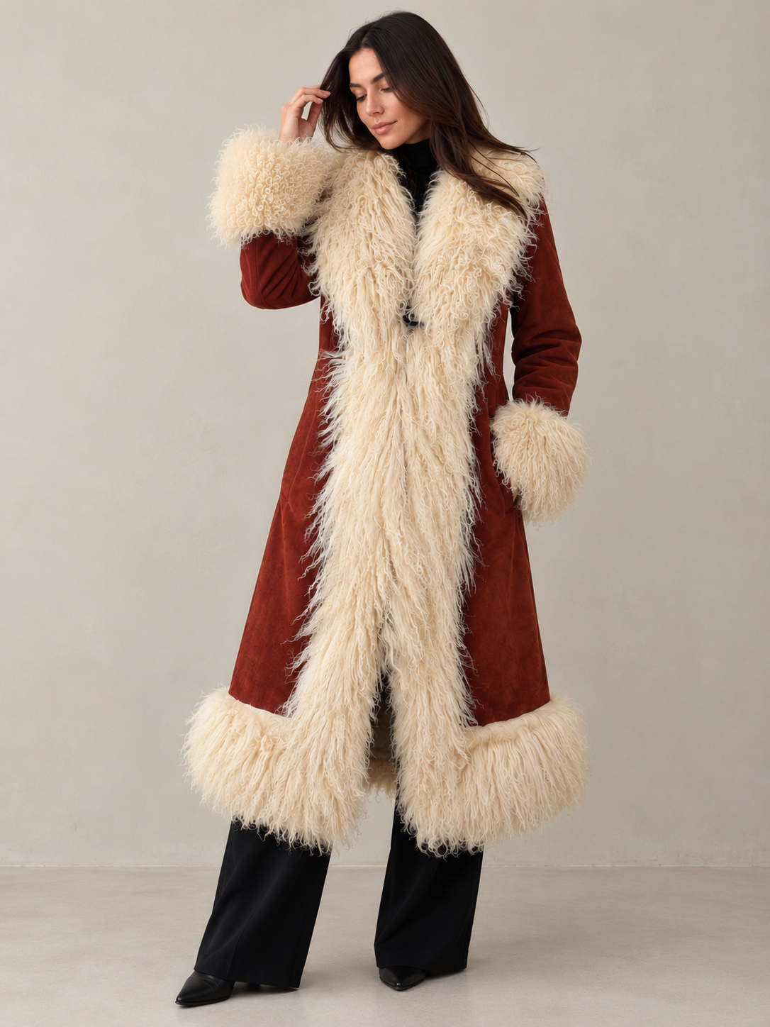 1970s Style Tan Brown Penny Lane Coat with Cream Mongolian Fur Trim
