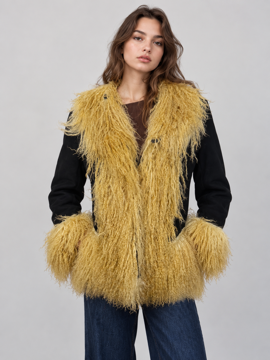 Women’s Black Suede Penny Lane Jacket with Golden Mongolian Fur Trim