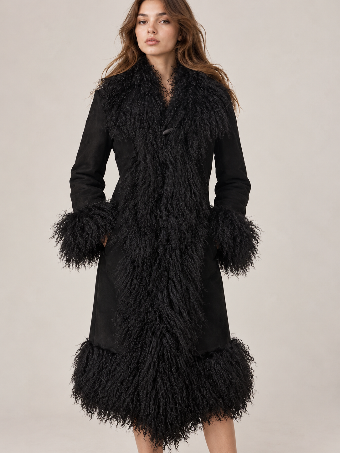 Vintage Boho Style Black Penny Lane Coat with Mongolian Shearling Trim