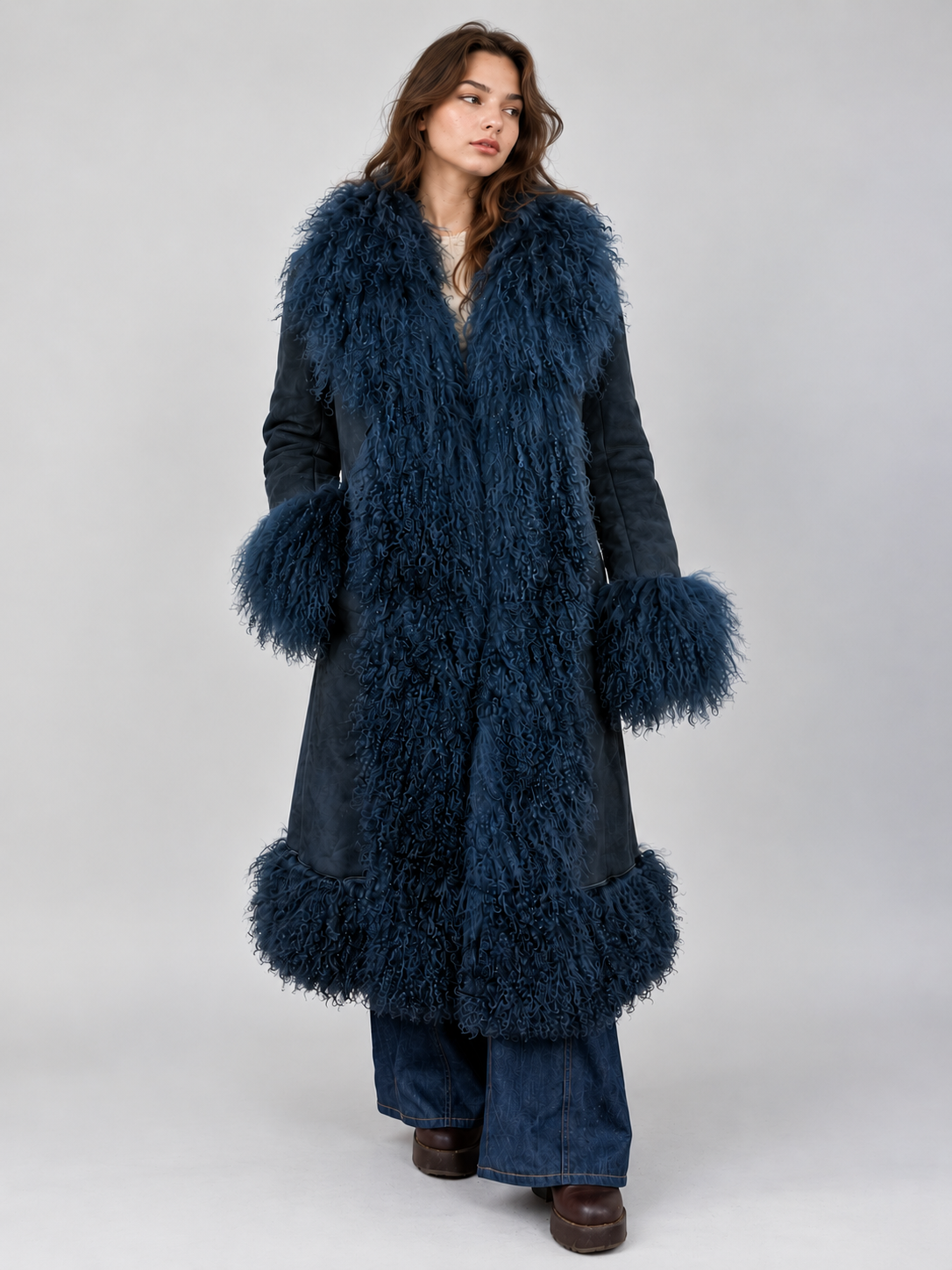 1970s Navy Blue Suede Penny Lane Coat with Mongolian Fur Trim