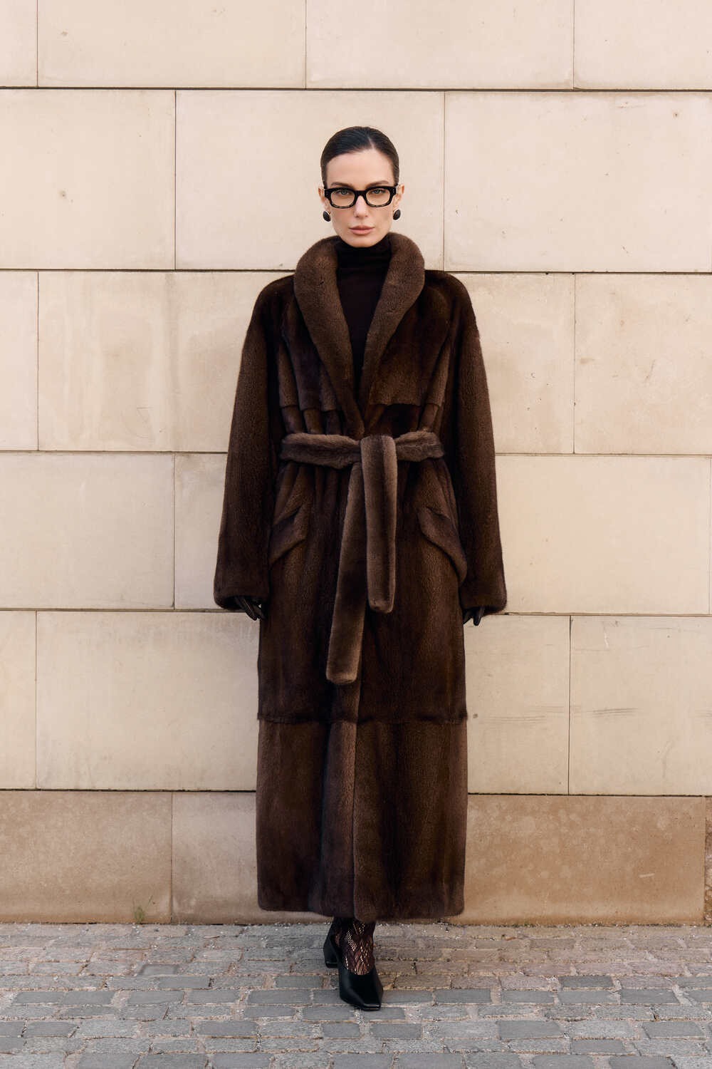 Women’s Long Dark Brown Mink Coat with Belt and Shawl Collar