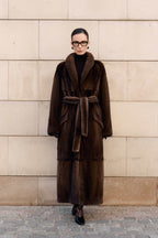 Women’s Long Dark Brown Mink Coat with Belt and Shawl Collar