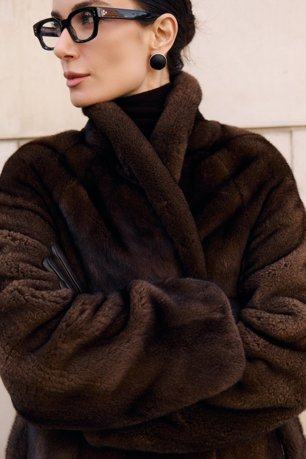 Women’s Long Dark Brown Mink Coat with Belt and Shawl Collar