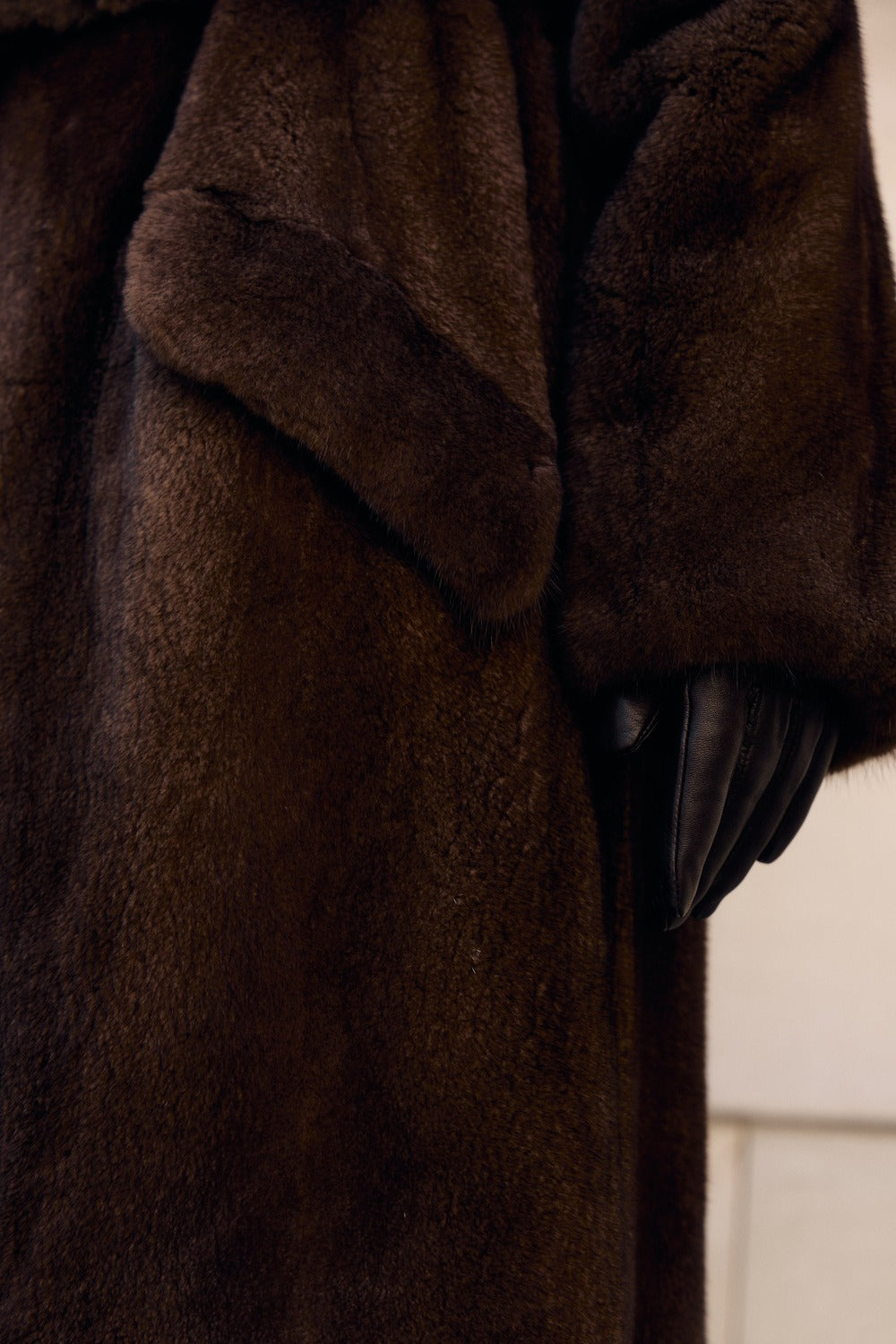 Women’s Long Dark Brown Mink Coat with Belt and Shawl Collar